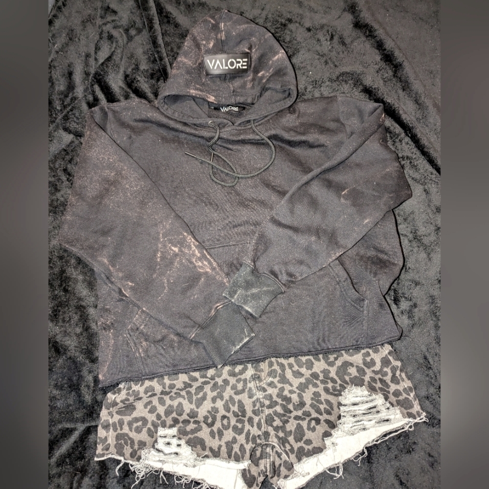 Distressed Hoodie & Ripped Leopard Print Jean Shorts Set.